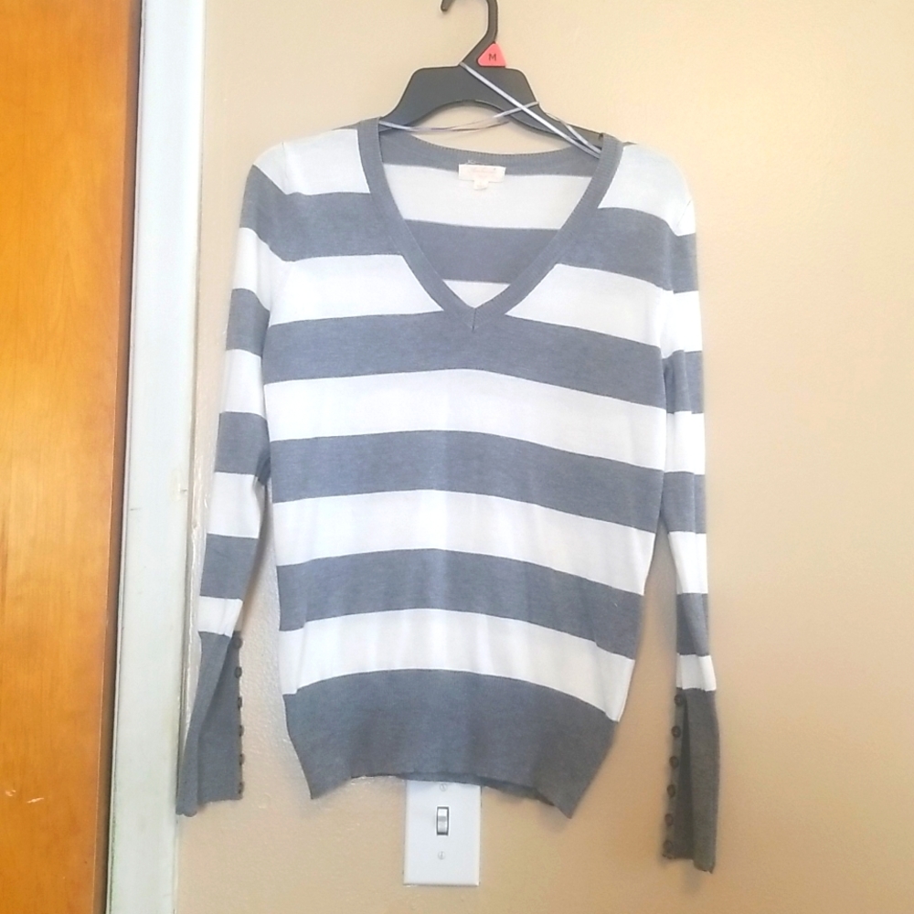 Grey and ivory striped v neck sweater
